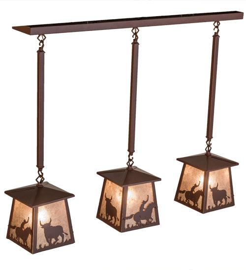 Meyda Lighting Cowboy & Steer 37" 3-Light Rust Island Pendant Light With Silver Mica Shade Glass