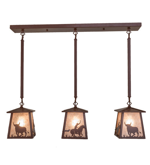 Meyda Lighting Cowboy & Steer 37" 3-Light Rust Island Pendant Light With Silver Mica Shade Glass