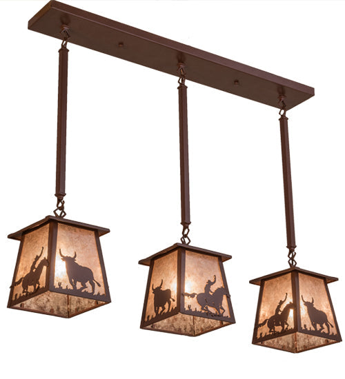 Meyda Lighting Cowboy & Steer 37" 3-Light Rust Island Pendant Light With Silver Mica Shade Glass