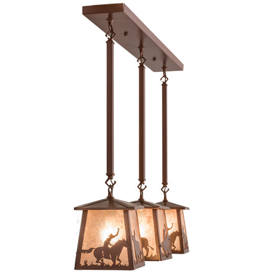 Meyda Lighting Cowboy & Steer 37" 3-Light Rust Island Pendant Light With Silver Mica Shade Glass