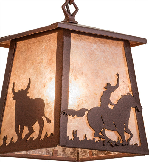 Meyda Lighting Cowboy & Steer 37" 3-Light Rust Island Pendant Light With Silver Mica Shade Glass