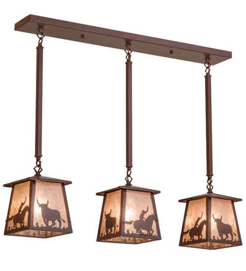 Meyda Lighting Cowboy & Steer 37" 3-Light Rust Island Pendant Light With Silver Mica Shade Glass