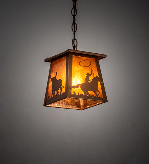 Meyda Lighting Cowboy & Steer 7" Metallic Bronze Pendant Light With Amber Mica Shade Glass
