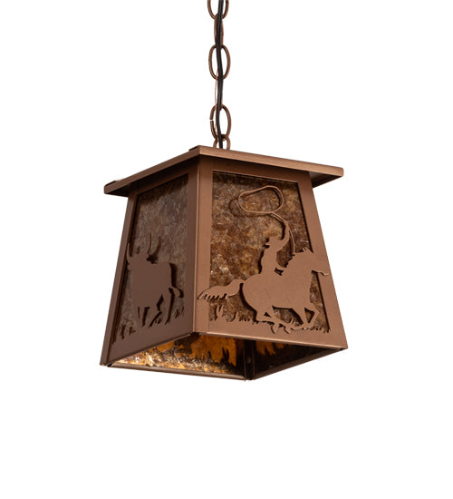 Meyda Lighting Cowboy & Steer 7" Metallic Bronze Pendant Light With Amber Mica Shade Glass