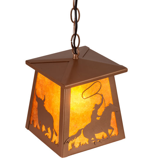 Meyda Lighting Cowboy & Steer 7" Metallic Bronze Pendant Light With Amber Mica Shade Glass