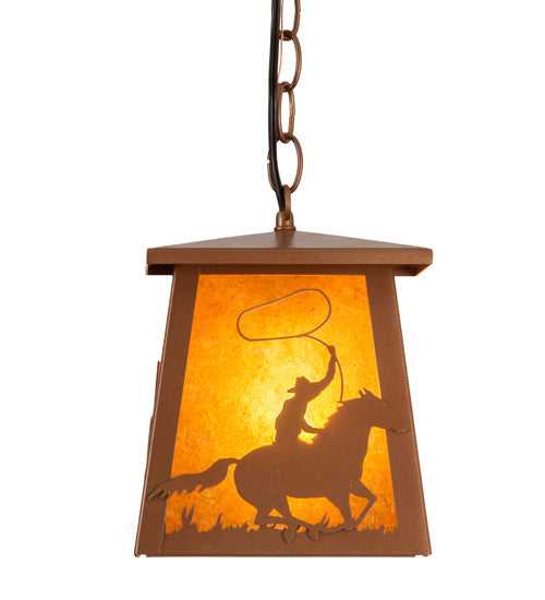 Meyda Lighting Cowboy & Steer 7" Metallic Bronze Pendant Light With Amber Mica Shade Glass