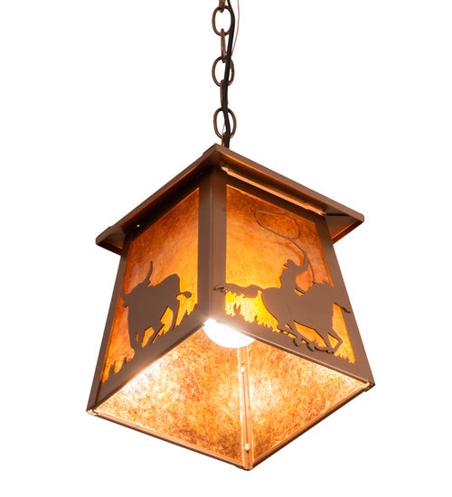Meyda Lighting Cowboy & Steer 7" Metallic Bronze Pendant Light With Amber Mica Shade Glass
