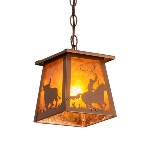 Meyda Lighting Cowboy & Steer 7" Metallic Bronze Pendant Light With Amber Mica Shade Glass