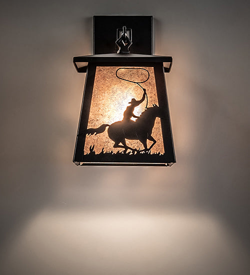 Meyda Lighting Cowboy & Steer 7" Textured Black Hanging Wall Sconce With Silver Mica Shade Glass