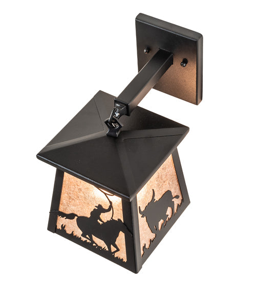 Meyda Lighting Cowboy & Steer 7" Textured Black Hanging Wall Sconce With Silver Mica Shade Glass