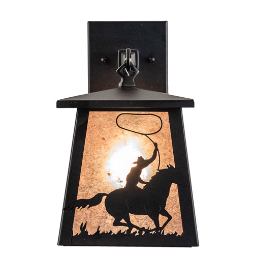 Meyda Lighting Cowboy & Steer 7" Textured Black Hanging Wall Sconce With Silver Mica Shade Glass