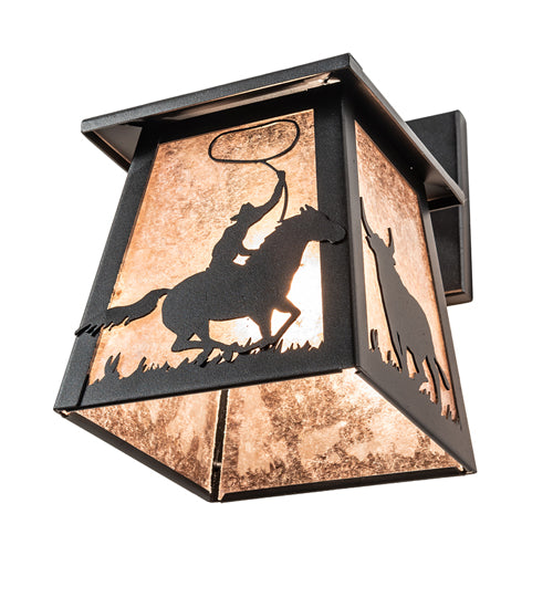 Meyda Lighting Cowboy & Steer 7" Textured Black Hanging Wall Sconce With Silver Mica Shade Glass