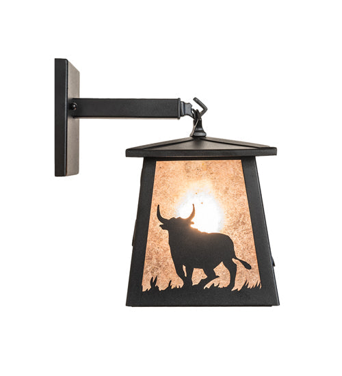 Meyda Lighting Cowboy & Steer 7" Textured Black Hanging Wall Sconce With Silver Mica Shade Glass