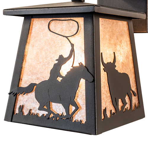 Meyda Lighting Cowboy & Steer 7" Textured Black Hanging Wall Sconce With Silver Mica Shade Glass