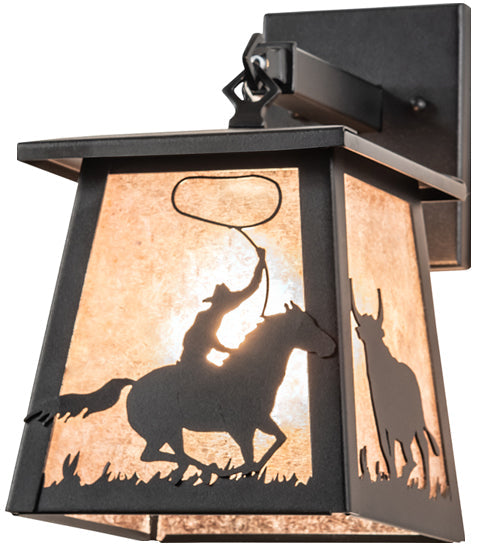 Meyda Lighting Cowboy & Steer 7" Textured Black Hanging Wall Sconce With Silver Mica Shade Glass