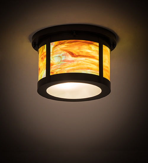Meyda Lighting Craftsman 14" 2-Light Craftsman Brown Flush Mount Light With Jade Purple & Frosted Clear Shade Glass