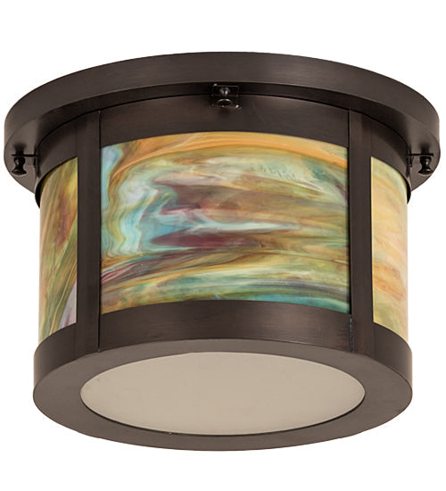 Meyda Lighting Craftsman 14" 2-Light Craftsman Brown Flush Mount Light With Jade Purple & Frosted Clear Shade Glass