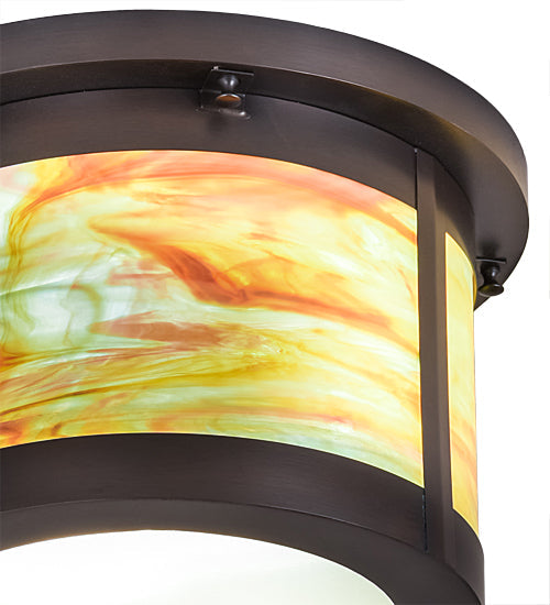 Meyda Lighting Craftsman 14" 2-Light Craftsman Brown Flush Mount Light With Jade Purple & Frosted Clear Shade Glass
