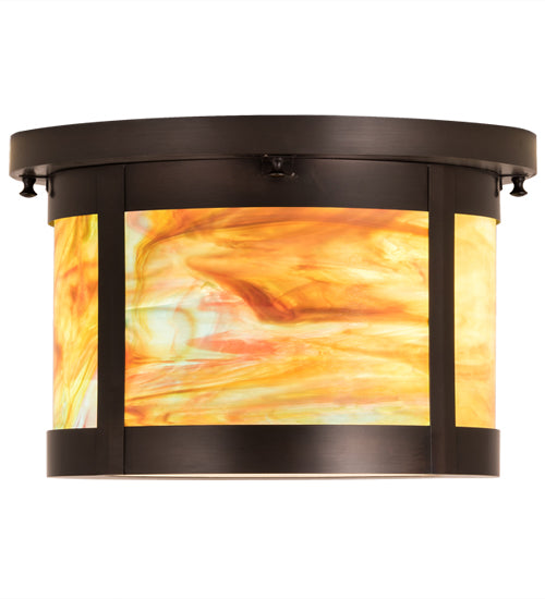 Meyda Lighting Craftsman 14" 2-Light Craftsman Brown Flush Mount Light With Jade Purple & Frosted Clear Shade Glass
