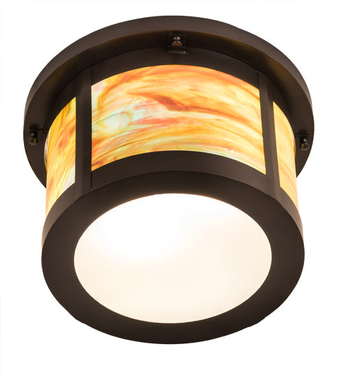 Meyda Lighting Craftsman 14" 2-Light Craftsman Brown Flush Mount Light With Jade Purple & Frosted Clear Shade Glass