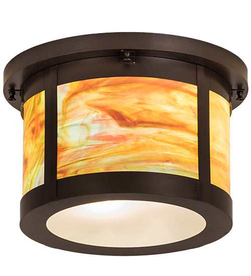Meyda Lighting Craftsman 14" 2-Light Craftsman Brown Flush Mount Light With Jade Purple & Frosted Clear Shade Glass
