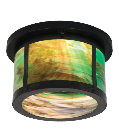 Meyda Lighting Craftsman 14" 2-Light Craftsman Brown Flush Mount Light With Multi-Colored Shade Glass