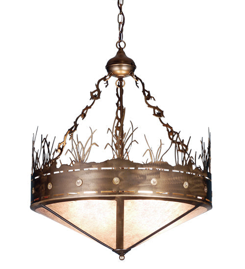 Meyda Lighting Craftsman 24" 4-Light Antique Copper Target Inverted Pendant Light With Silver Mica Shade Glass