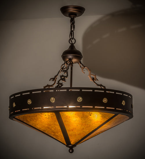 Meyda Lighting Craftsman 24" 4-Light Mahogany Bronze Target Inverted Pendant Light With Amber Mica Shade Glass