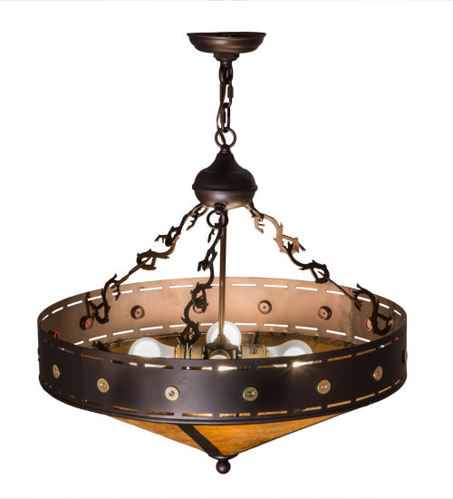 Meyda Lighting Craftsman 24" 4-Light Mahogany Bronze Target Inverted Pendant Light With Amber Mica Shade Glass