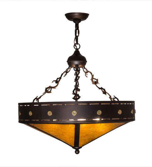 Meyda Lighting Craftsman 24" 4-Light Mahogany Bronze Target Inverted Pendant Light With Amber Mica Shade Glass
