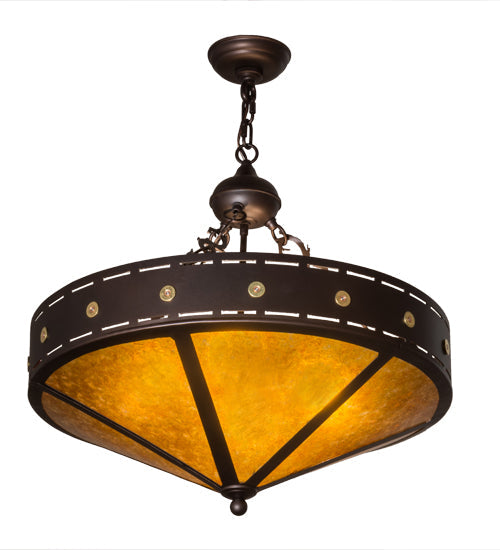 Meyda Lighting Craftsman 24" 4-Light Mahogany Bronze Target Inverted Pendant Light With Amber Mica Shade Glass