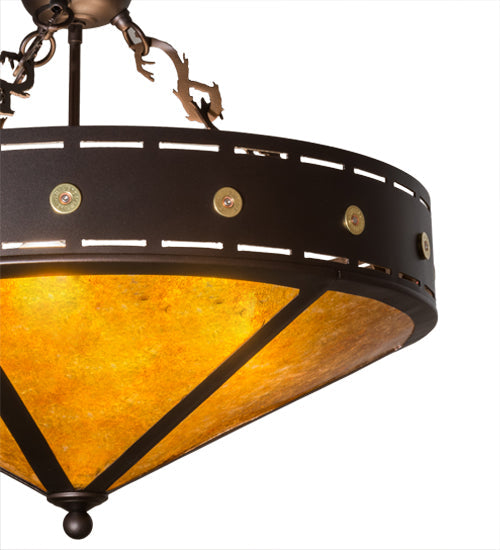 Meyda Lighting Craftsman 24" 4-Light Mahogany Bronze Target Inverted Pendant Light With Amber Mica Shade Glass