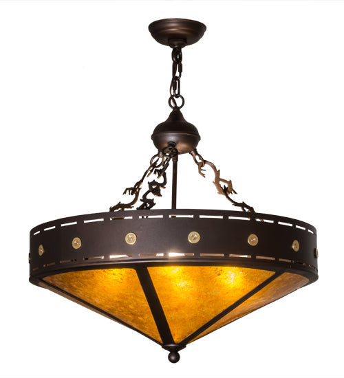 Meyda Lighting Craftsman 24" 4-Light Mahogany Bronze Target Inverted Pendant Light With Amber Mica Shade Glass