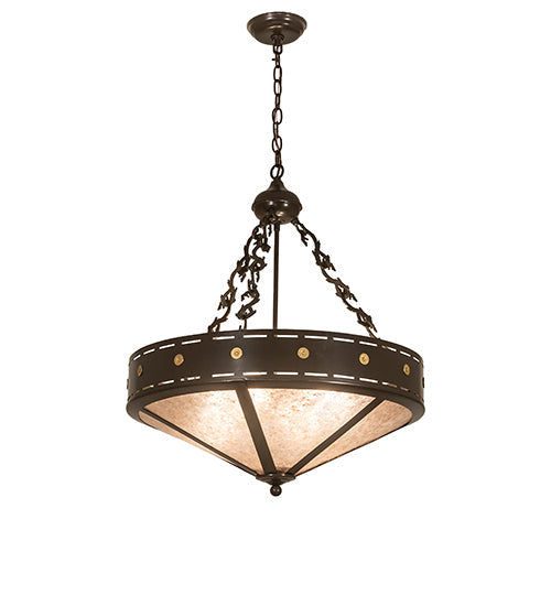 Meyda Lighting Craftsman 24" 4-Light Timeless Bronze Target Inverted Pendant Light With Silver Mica Shade Glass