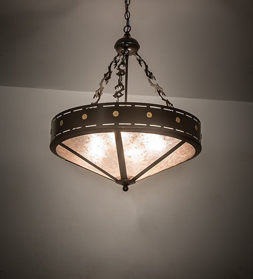 Meyda Lighting Craftsman 24" 4-Light Timeless Bronze Target Inverted Pendant Light With Silver Mica Shade Glass