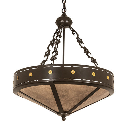 Meyda Lighting Craftsman 24" 4-Light Timeless Bronze Target Inverted Pendant Light With Silver Mica Shade Glass