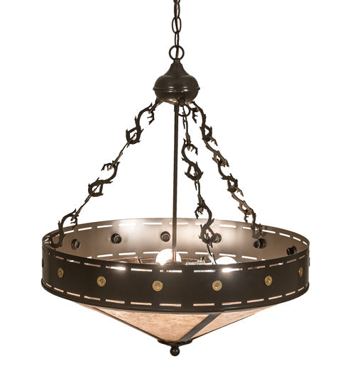 Meyda Lighting Craftsman 24" 4-Light Timeless Bronze Target Inverted Pendant Light With Silver Mica Shade Glass