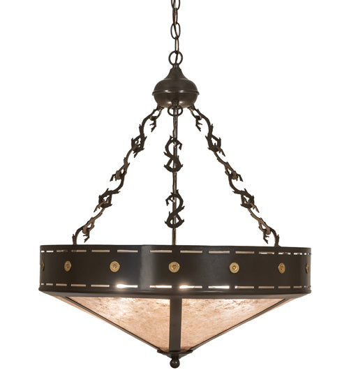 Meyda Lighting Craftsman 24" 4-Light Timeless Bronze Target Inverted Pendant Light With Silver Mica Shade Glass