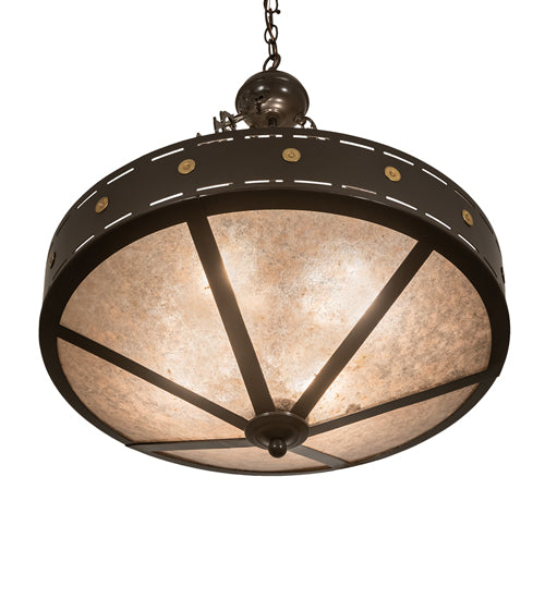 Meyda Lighting Craftsman 24" 4-Light Timeless Bronze Target Inverted Pendant Light With Silver Mica Shade Glass