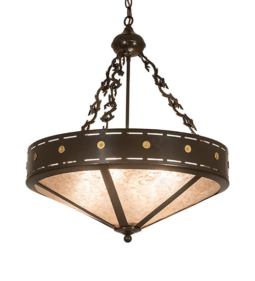 Meyda Lighting Craftsman 24" 4-Light Timeless Bronze Target Inverted Pendant Light With Silver Mica Shade Glass