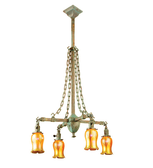 Meyda Lighting Craftsman 26" 4-Light Vintage Copper Verdigris Chandelier With Gold Iridescent Favrile Shade Glass