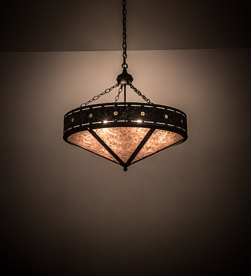 Meyda Lighting Craftsman 30" 6-Light Smoke Target Inverted Pendant Light With Silver Mica Shade Glass