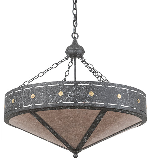 Meyda Lighting Craftsman 30" 6-Light Smoke Target Inverted Pendant Light With Silver Mica Shade Glass