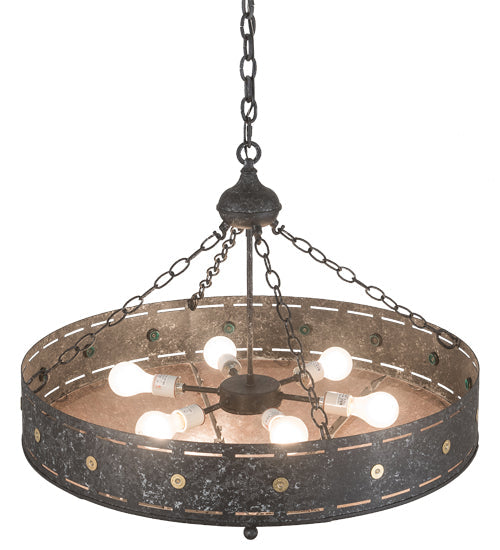 Meyda Lighting Craftsman 30" 6-Light Smoke Target Inverted Pendant Light With Silver Mica Shade Glass