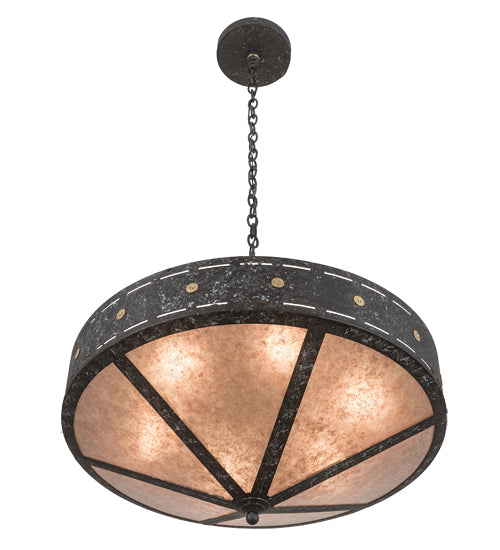Meyda Lighting Craftsman 30" 6-Light Smoke Target Inverted Pendant Light With Silver Mica Shade Glass