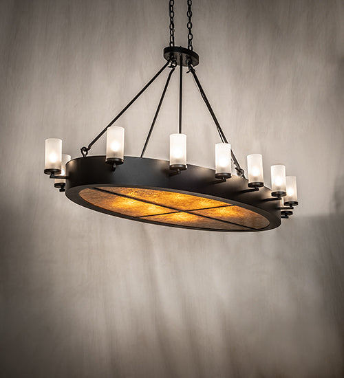 Meyda Lighting Craftsman Avalon 68" 20-Light Textured Black Island Chandelier With Frosted Seeded & Amber Mica Shade Glass