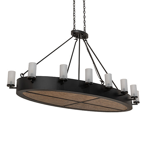 Meyda Lighting Craftsman Avalon 68" 20-Light Textured Black Island Chandelier With Frosted Seeded & Amber Mica Shade Glass