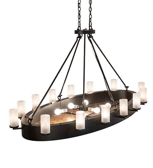 Meyda Lighting Craftsman Avalon 68" 20-Light Textured Black Island Chandelier With Frosted Seeded & Amber Mica Shade Glass