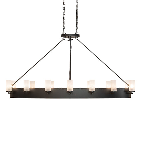 Meyda Lighting Craftsman Avalon 68" 20-Light Textured Black Island Chandelier With Frosted Seeded & Amber Mica Shade Glass