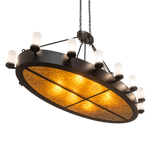 Meyda Lighting Craftsman Avalon 68" 20-Light Textured Black Island Chandelier With Frosted Seeded & Amber Mica Shade Glass